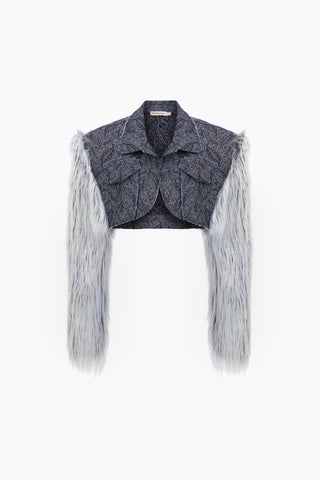 Blue Furry Denim Jacket / Dark Blue Patterned