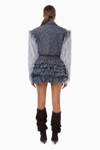 Blue Furry Denim Jacket / Dark Blue Patterned