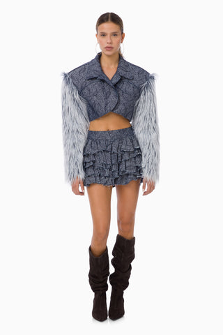 Blue Furry Denim Jacket / Dark Blue Patterned