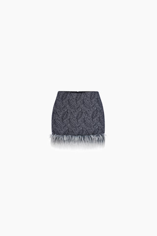 Milena Furry Mini Denim Skirt / Dark Blue Patterned