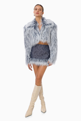 Milena Furry Mini Denim Skirt / Dark Blue Patterned
