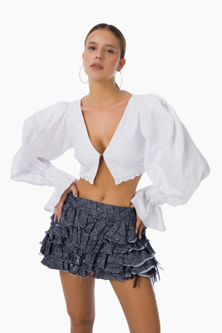 Mills Ruffled Mini Denim Skirt / Dark Blue Patterned